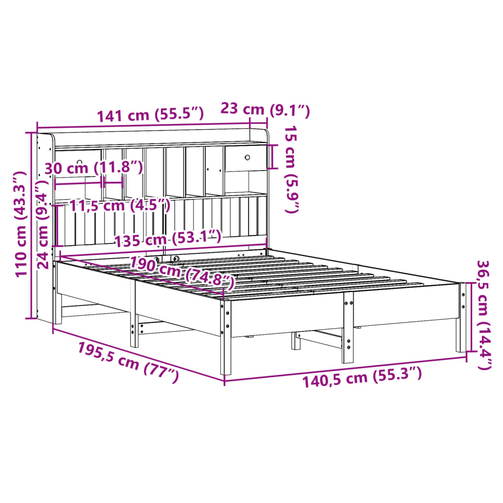 vidaXL Κρεβάτι Βιβλιοθήκη Χωρίς Στρώμα Λευκό 135x190 εκ Μασίφ Πεύκο
