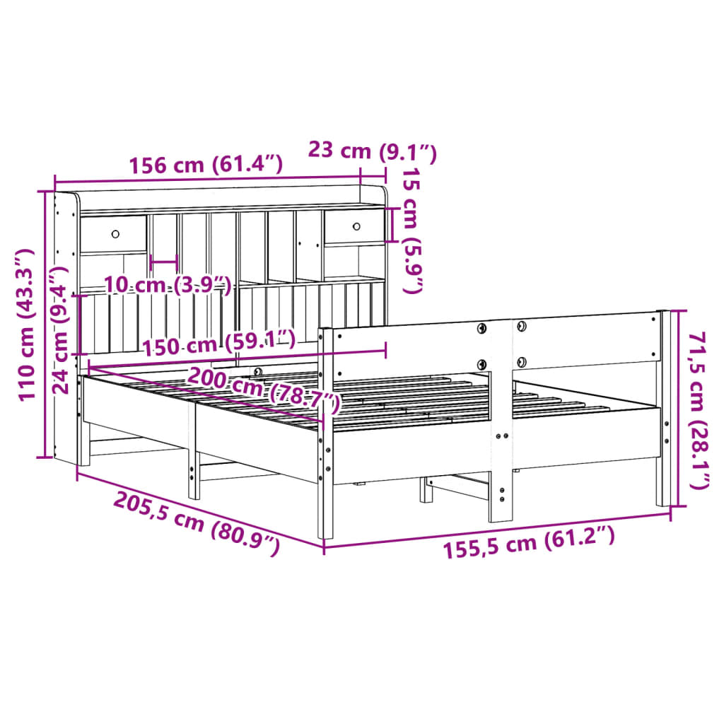 vidaXL Κρεβάτι Βιβλιοθήκη Χωρίς Στρώμα 150x200 εκ Μασίφ Ξύλο Πεύκου
