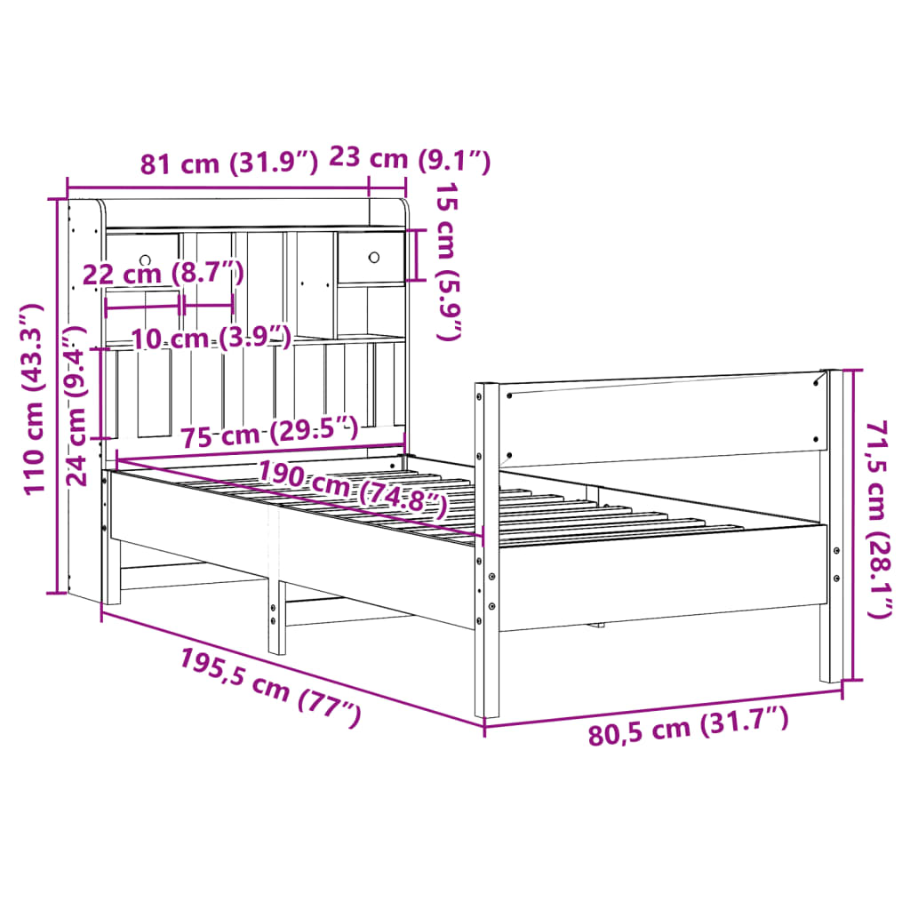 vidaXL Κρεβάτι Βιβλιοθήκη Χωρίς Στρώμα 75x190 εκ Μασίφ Ξύλο Πεύκου