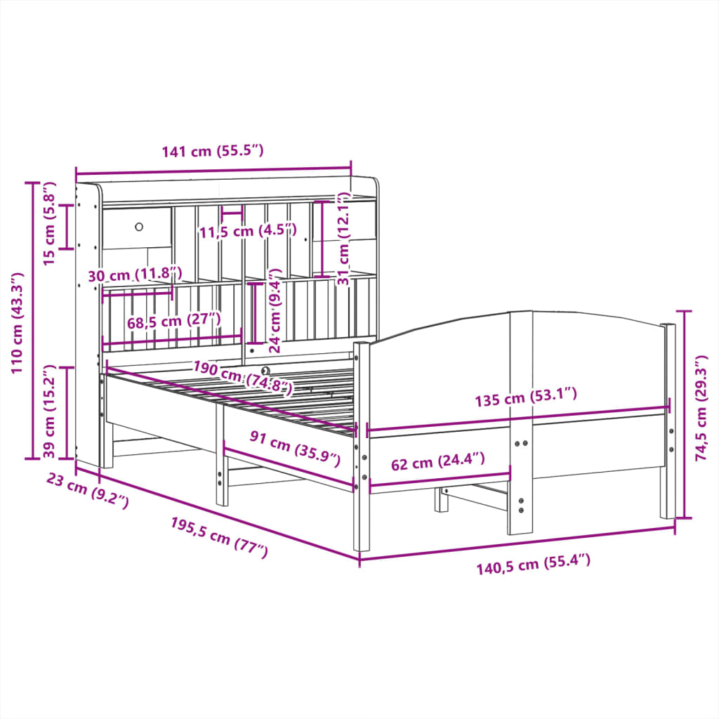 vidaXL Κρεβάτι Βιβλιοθήκη Χωρίς Στρώμα Λευκό 135x190 εκ Μασίφ Πεύκο