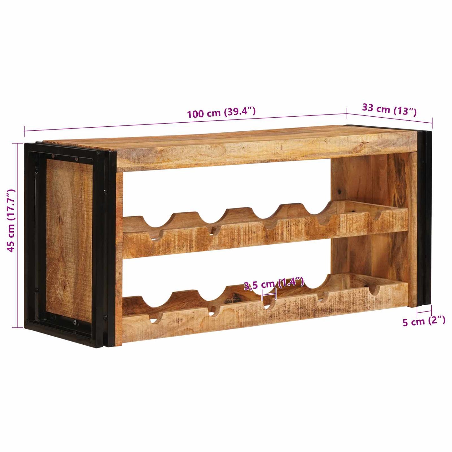 vidaXL Ράφι Κρασιού Καφέ 100 x 45 x 33 εκ Σταθερό Χοντρό Ξύλο Μάνγκο
