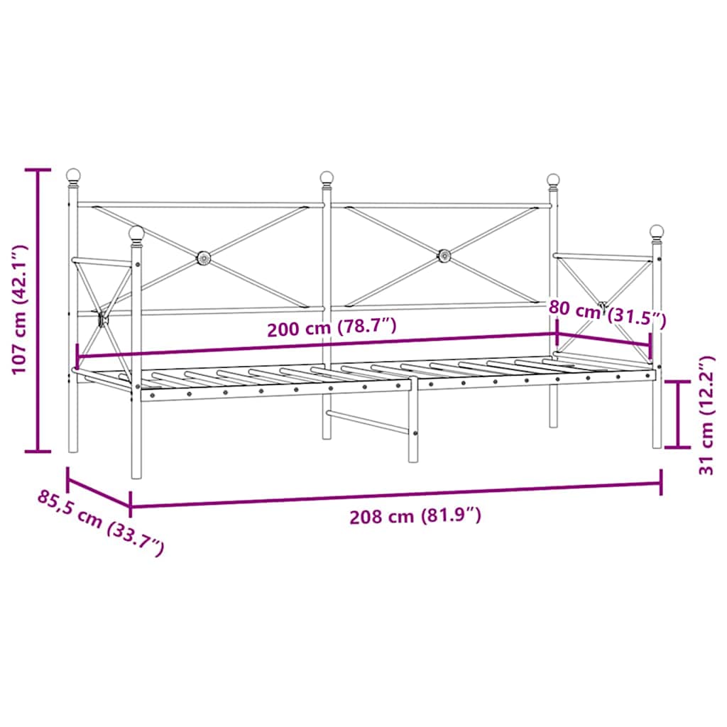 vidaXL Κρεβάτι ημέρας χωρίς στρώμα Μαύρο 80x200 cm Ατσάλι