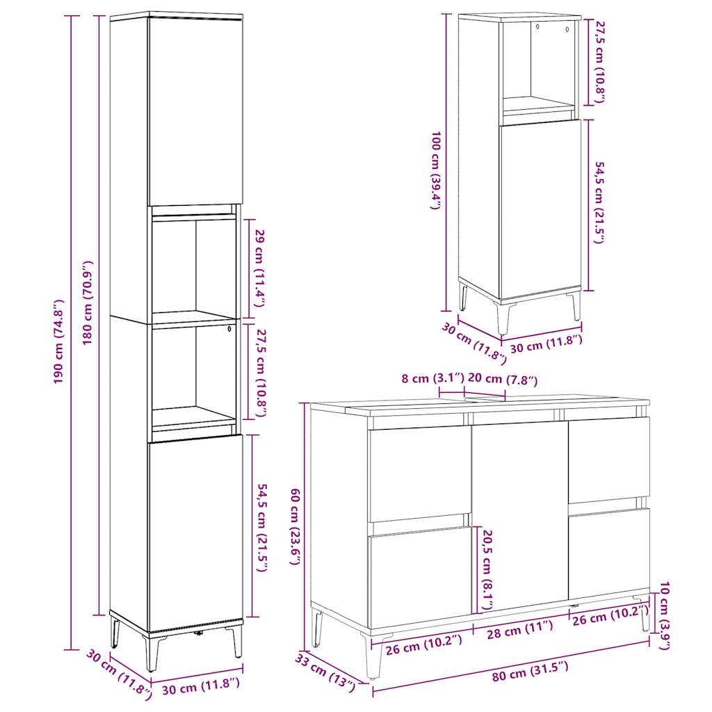 vidaXL Σετ Επίπλων Μπάνιου 3 Τεμαχίων Γκρι Σκυροδέματος από Επεξ. Ξύλο