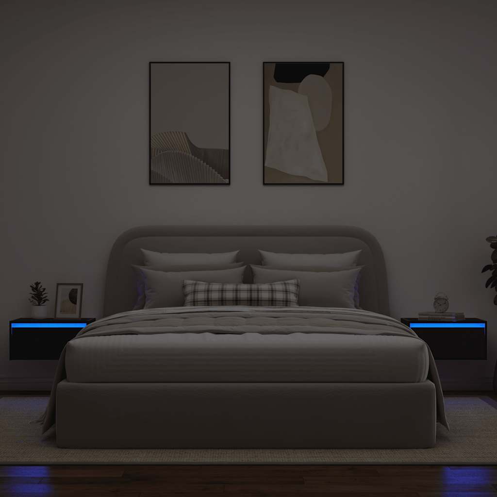 vidaXL Κομοδίνα Επιτοίχια με Φώτα LED 2 τεμ. Μαύρα Δρυς