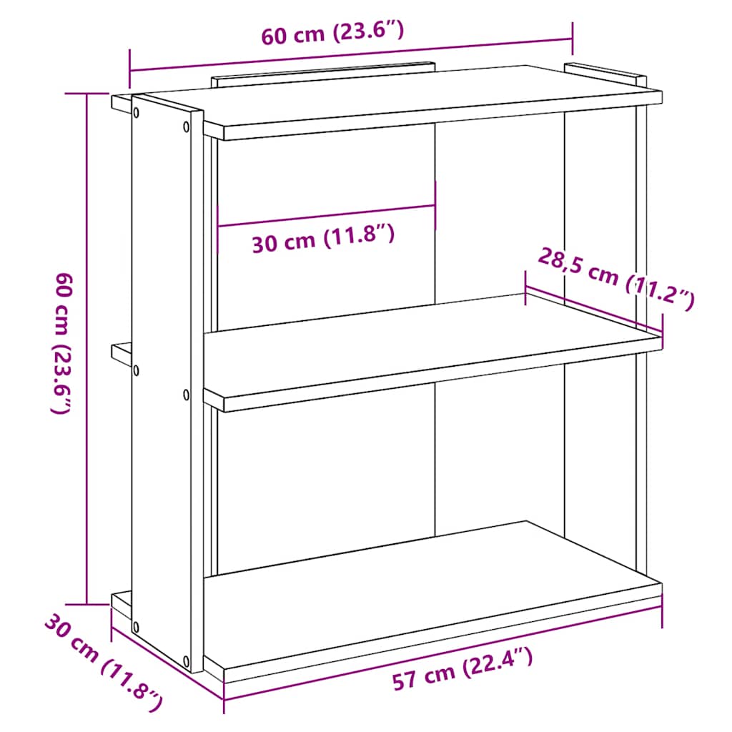 vidaXL Βιβλιοθήκη 3 Επιπέδων Γκρι Sonoma 60x30x60 εκ. Επεξεργ. Ξύλο
