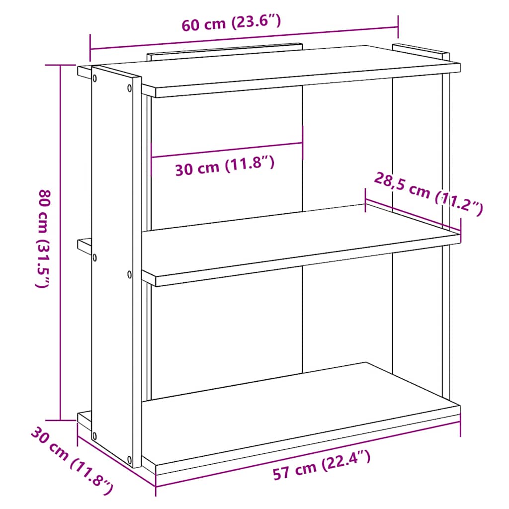 vidaXL Βιβλιοθήκη 3 Επιπέδων Γκρι Sonoma 60x30x80 εκ. Επεξεργ. Ξύλο
