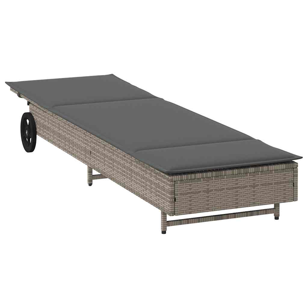 vidaXL Ξαπλώστρα Γκρι από Συνθετικό Ρατάν με Τροχούς/Μαξιλάρια