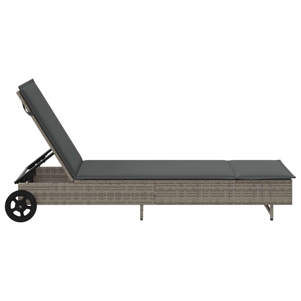 vidaXL Ξαπλώστρα Γκρι από Συνθετικό Ρατάν με Τροχούς/Μαξιλάρια