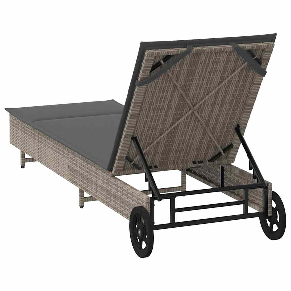 vidaXL Ξαπλώστρα Γκρι από Συνθετικό Ρατάν με Τροχούς/Μαξιλάρια