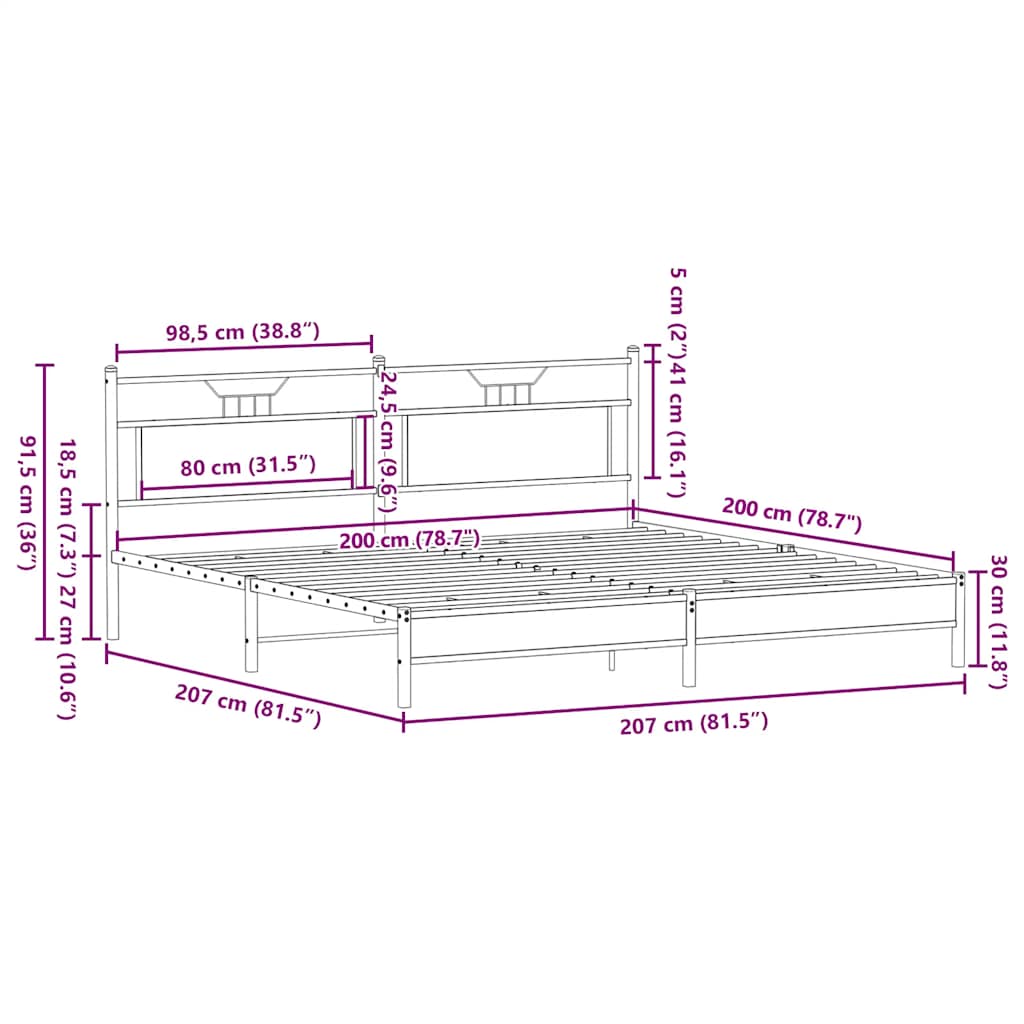 vidaXL Σκελετός Κρεβ. Χωρίς Στρώμα Καπνιστή Δρυς 200x200 εκ. Μεταλλικό