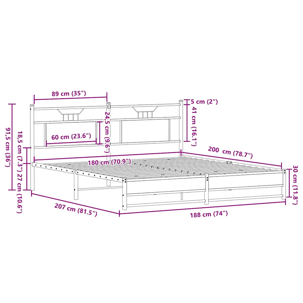 vidaXL Σκελετός Κρεβ. Χωρίς Στρώμα Sonoma Δρυς 180x200 εκ. Μεταλλικό