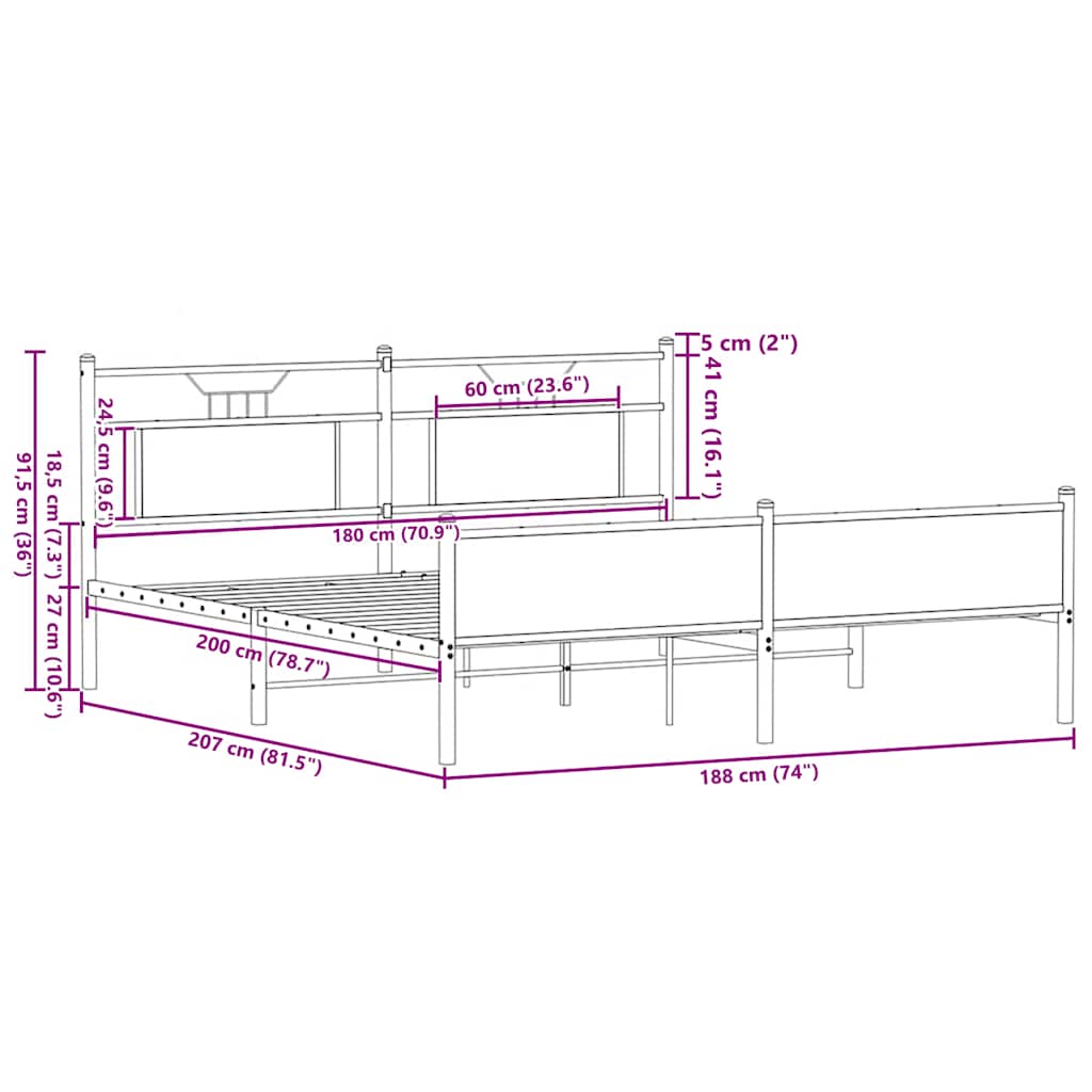 vidaXL Σκελετός Κρεβ. Χωρίς Στρώμα Sonoma Δρυς 180x200 εκ. Μεταλλικό