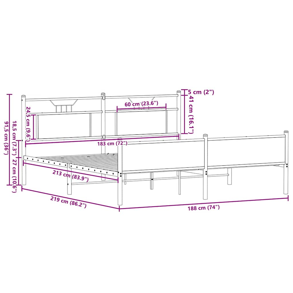 vidaXL Σκελετός Κρεβ. Χωρίς Στρώμα Sonoma Δρυς 183x213 εκ. Μεταλλικό