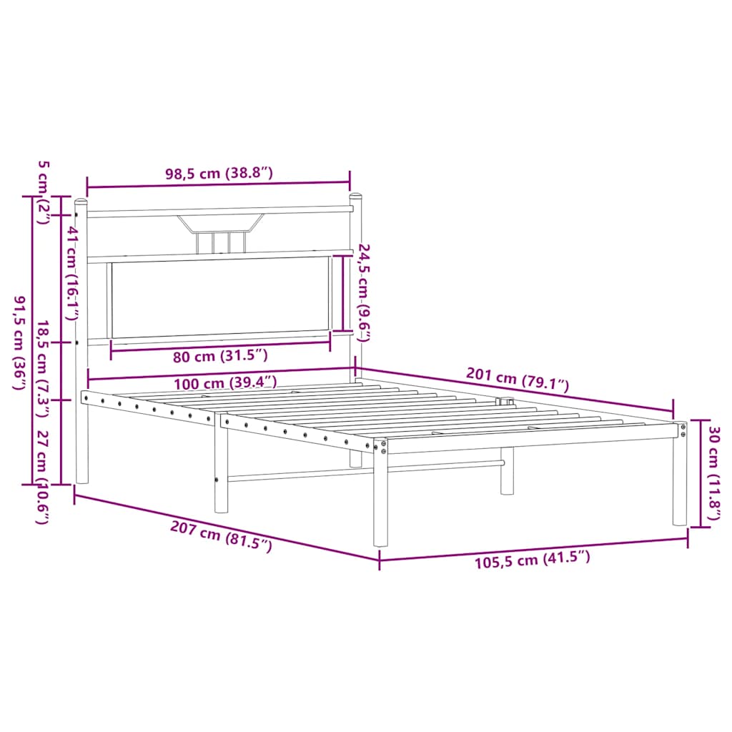 vidaXL Πλαίσιο Κρεβατιού Καπνιστή Δρυς 100x200 εκ. Επεξεργασμένο Ξύλο