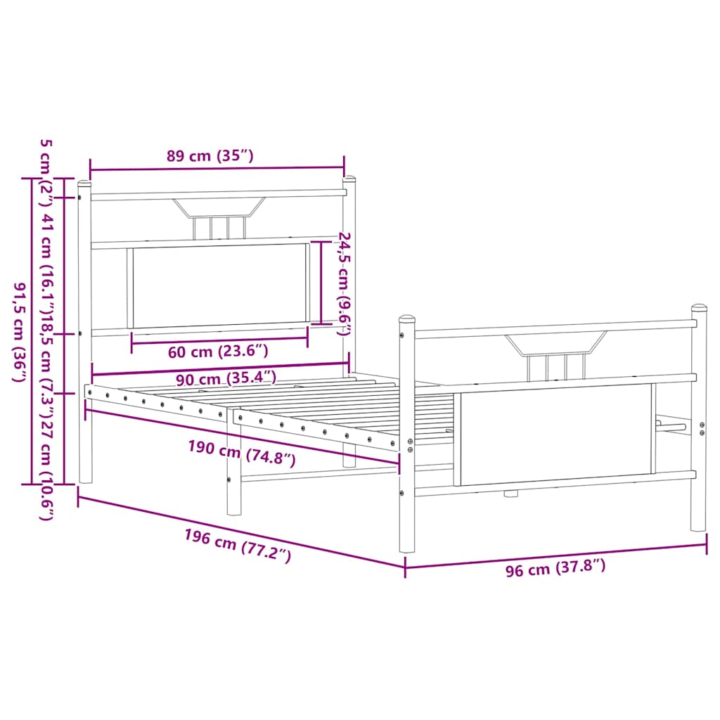 vidaXL Πλαίσιο Κρεβ. Χωρ. Στρώμα Sonoma Δρυς 90 x 190 εκ. Επεξ. Ξύλο