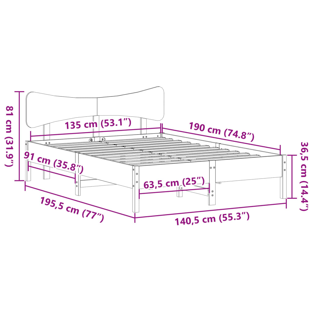 vidaXL Σκελετός Κρεβατιού Χωρίς Στρώμα 135x190 εκ Μασίφ Ξύλο Πεύκου