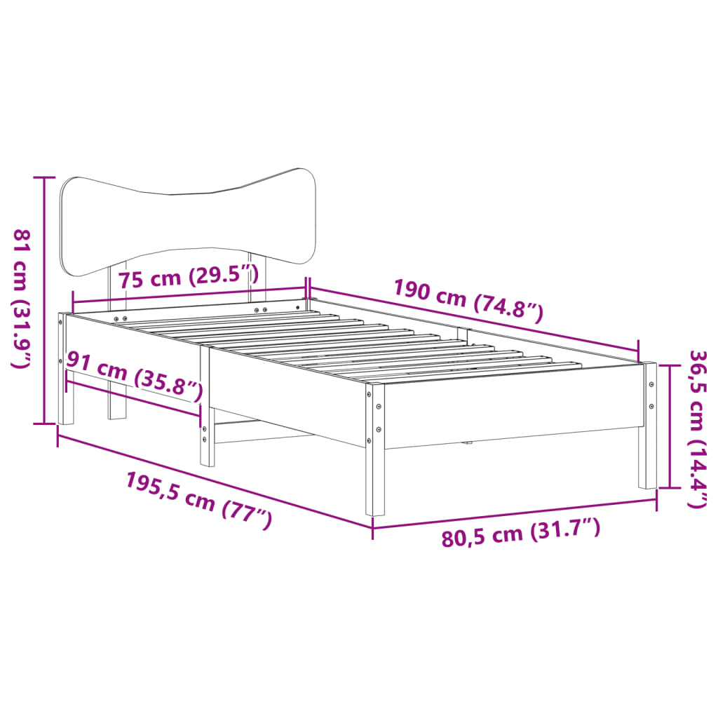 vidaXL Σκελετός Κρεβατιού Χωρίς Στρώμα 75x190 εκ Μασίφ Ξύλο Πεύκου