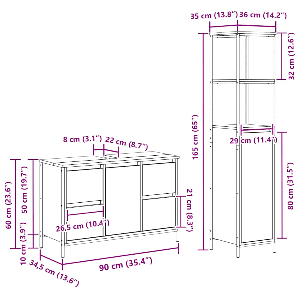 vidaXL Σετ Επίπλων Μπάνιου με ράφι 2 pcs Μαύρη δρυς 36 x 35 x 165 εκ