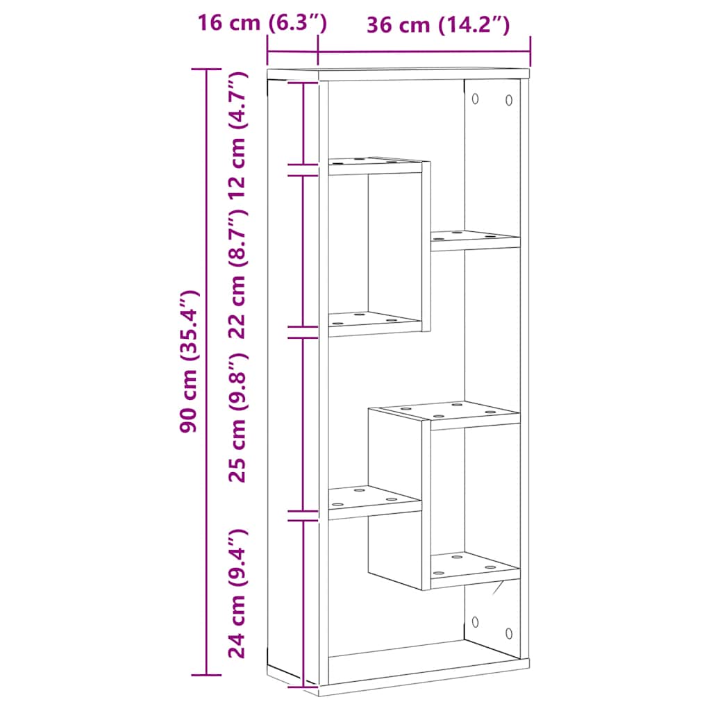 vidaXL Ράφι Τοίχου Μαύρη Δρυς 36 x 16 x 90 εκ. από Τεχνητό Ξύλο