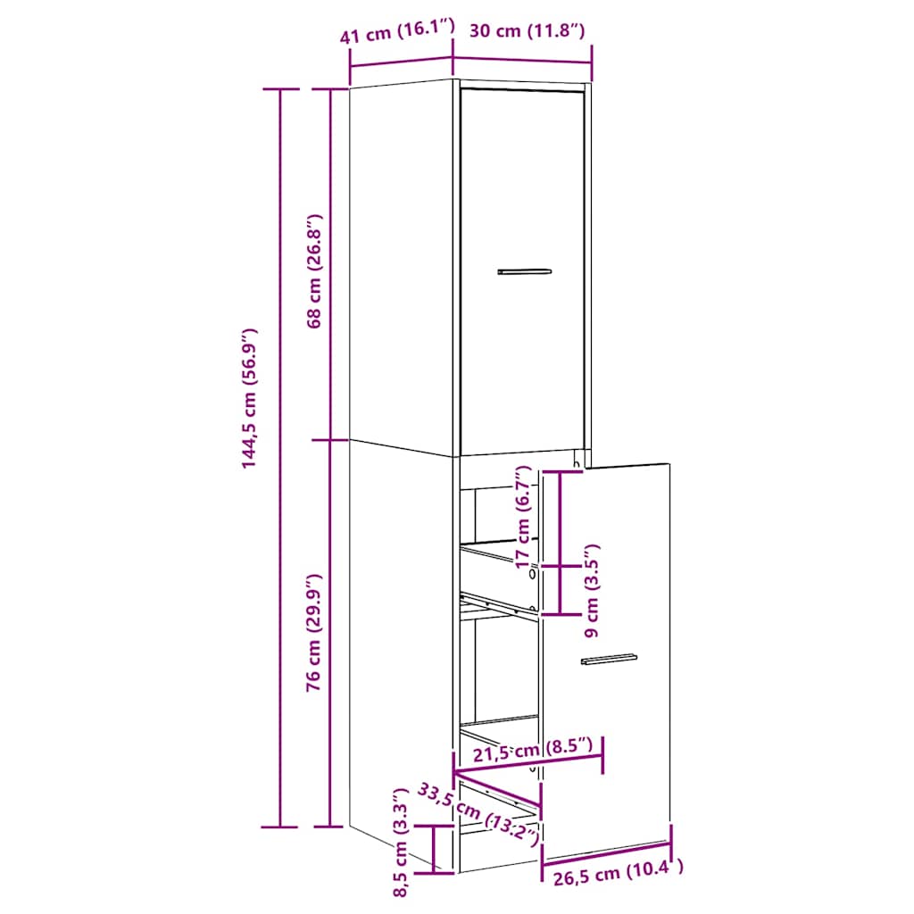 vidaXL Ντουλάπι Φαρμακείου Μαύρο Δρυς 30x41x144,5 εκ. από Τεχνητό Ξύλο
