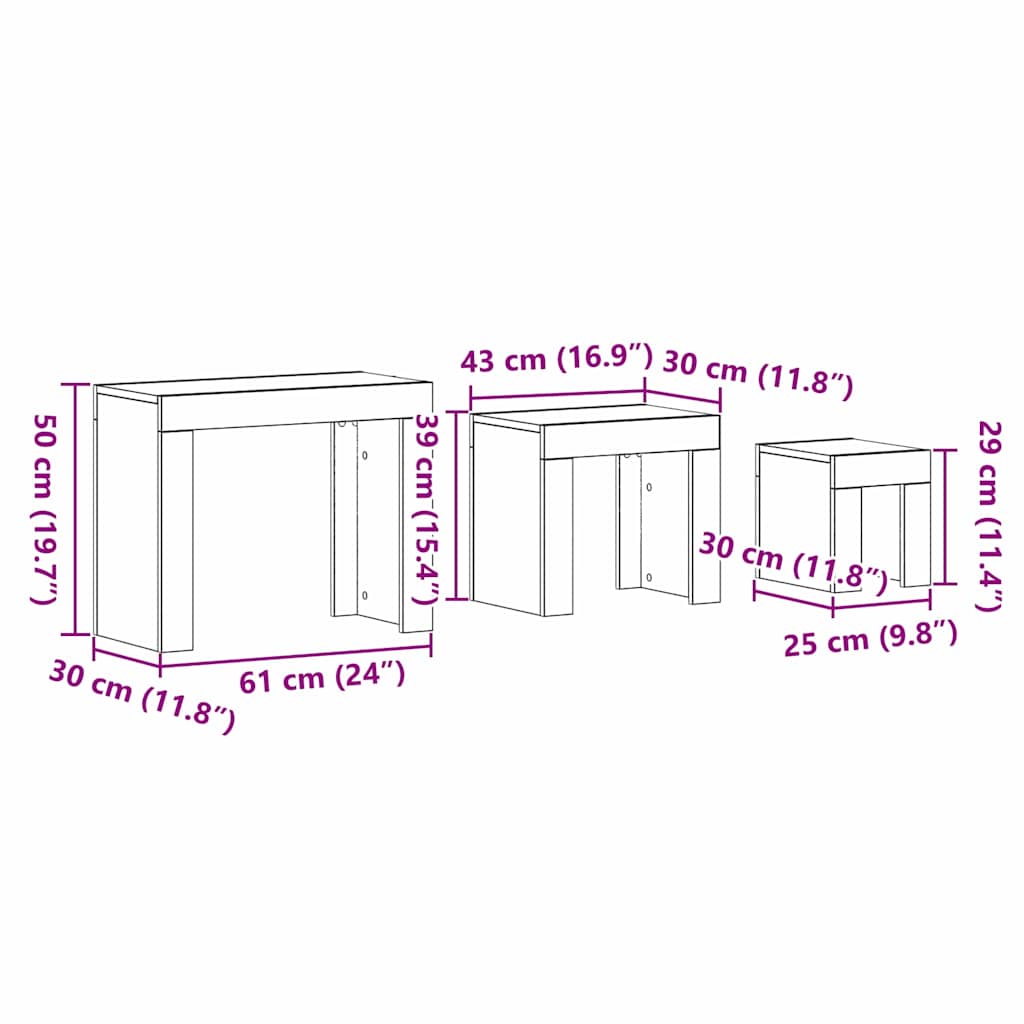 vidaXL Τραπέζι Σαλονιού με Στηρίγματα 3 pcs Μαύρη δρυς 61 x 30 x 50 εκ