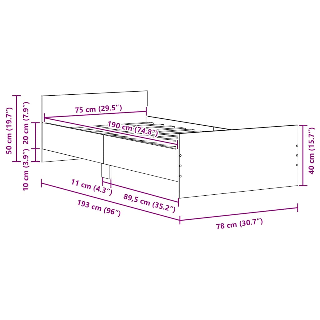vidaXL Πλαίσιο κρεβατιού χωρίς στρώμα 75x190 εκ. Επεξεργασμένο Ξύλο