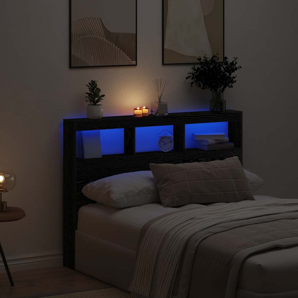 vidaXL Κεφαλάρι με Αποθηκευτικό Χώρο & LED Μαύρο Δρυς 140x17x102 εκ.