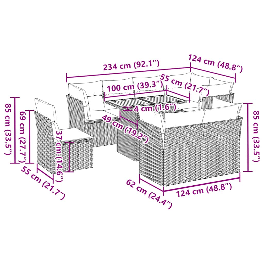vidaXL Σαλόνι Κήπου Σετ 9 Τεμαχίων Γκρι Συνθετικό Ρατάν με Μαξιλάρια