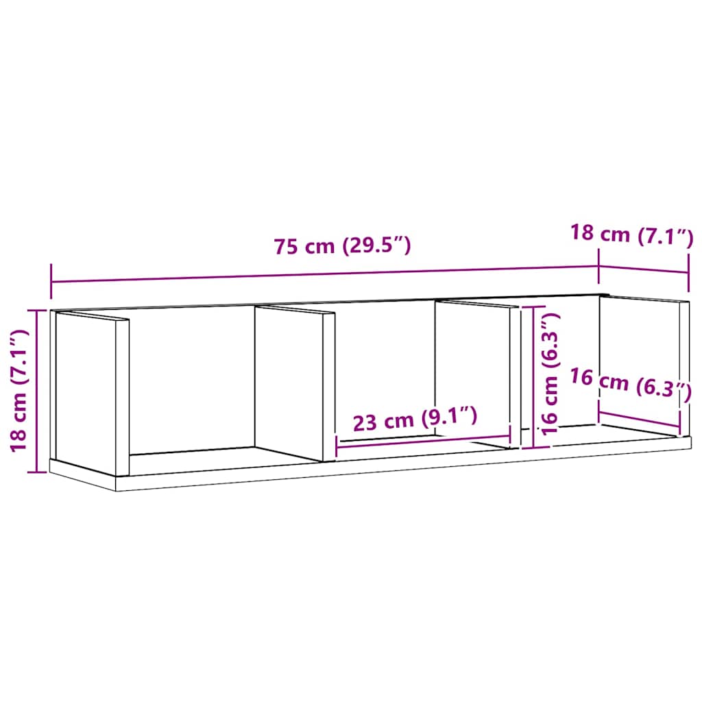 vidaXL Ράφι Τοίχου Μαύρη Οξυά 75 x 18 x 18 εκ. Επεξεργασμένο ξύλο