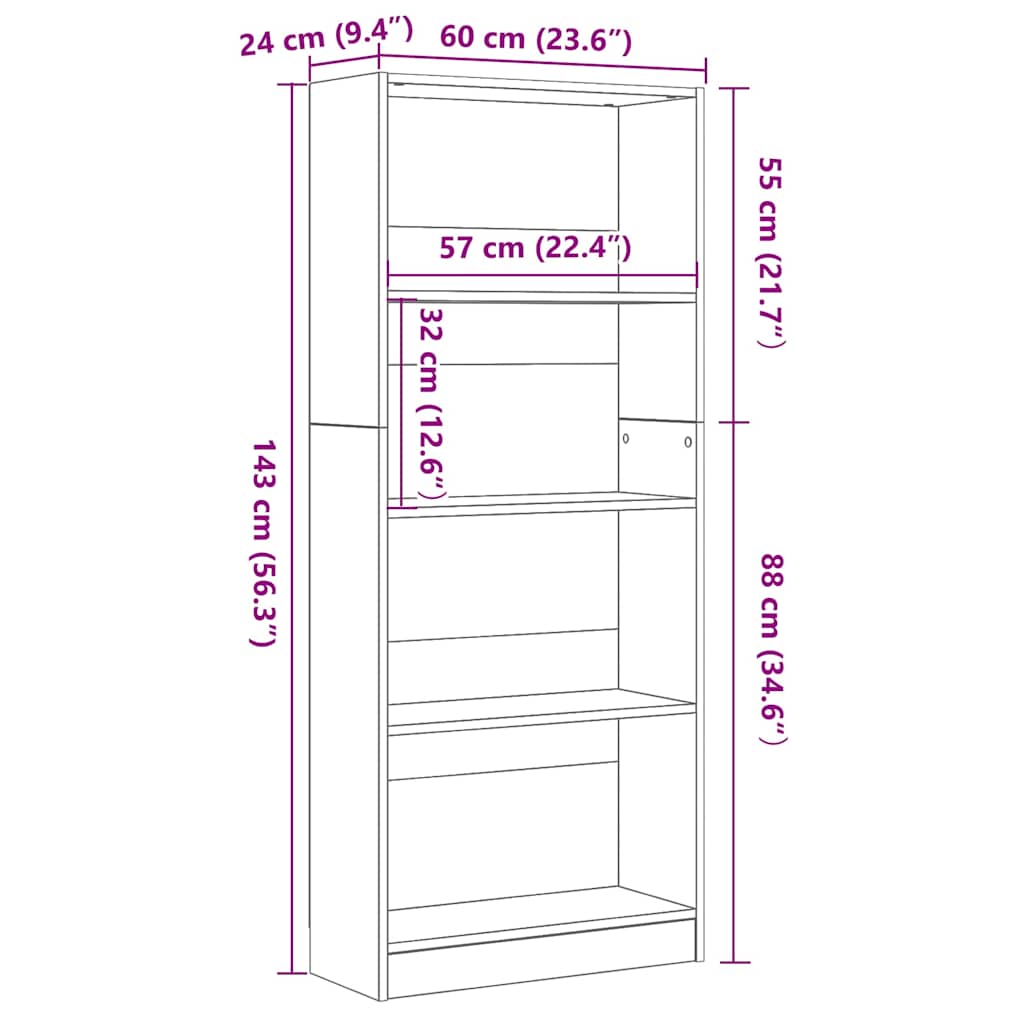 vidaXL Βιβλιοθήκη Μαύρη δρυς 60 x 24 x 143 εκ Επεξεργασμένο ξύλο