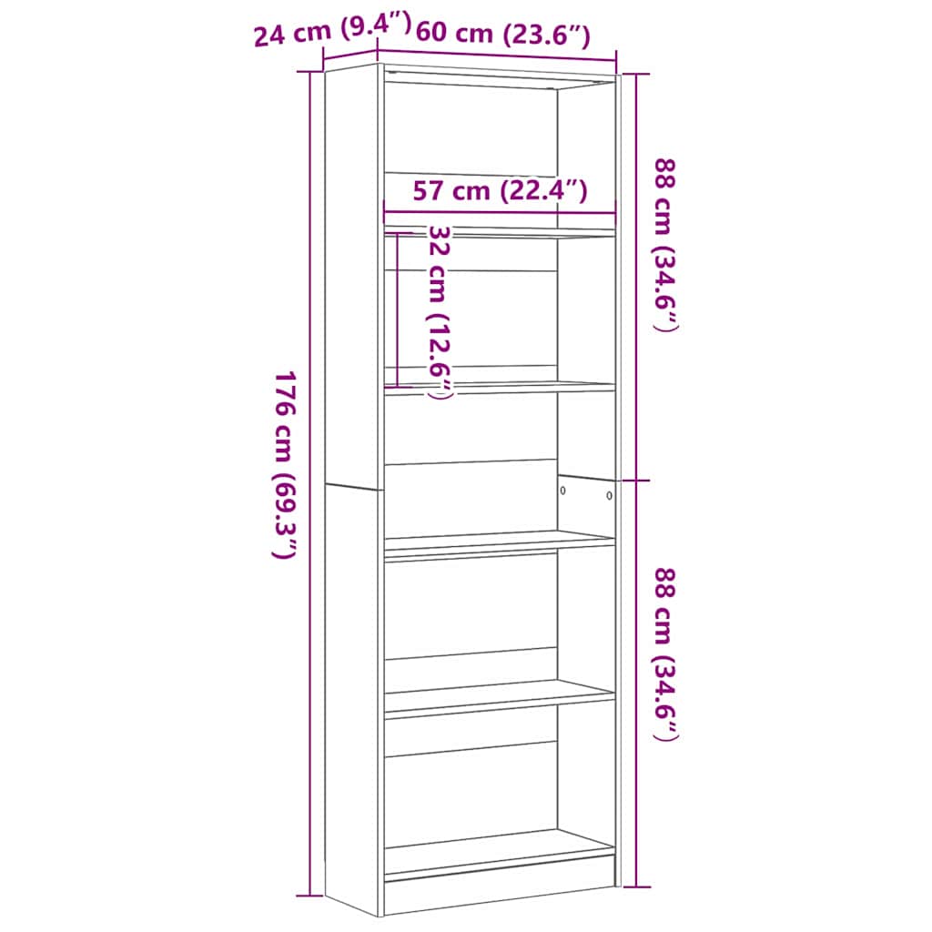 vidaXL Βιβλιοθήκη Μαύρη δρυς 60 x 24 x 176 εκ Επεξεργασμένο ξύλο