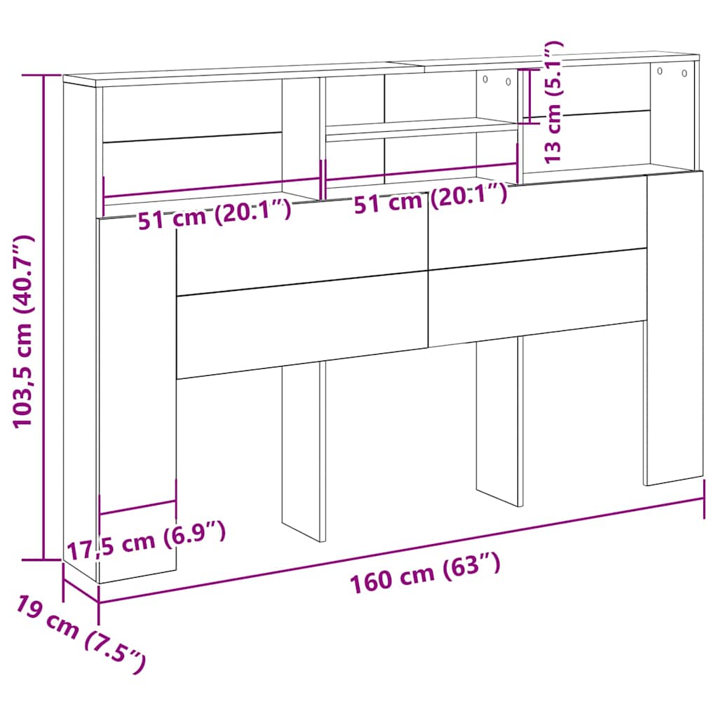 vidaXL Κρεβάτι με Κεφαλάρι με ράφι Μαύρη δρυς 160 x 19 x 103.5 cm