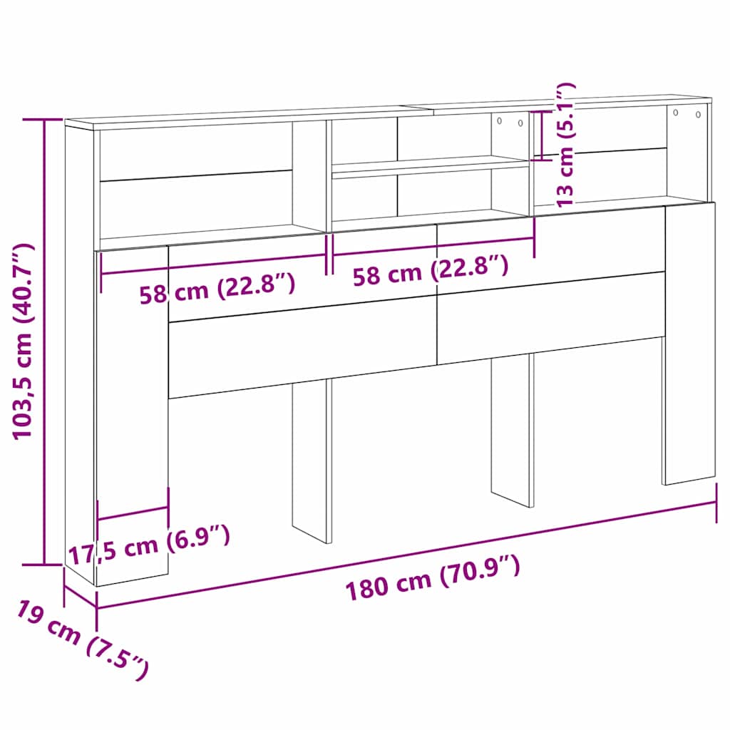 vidaXL Κρεβάτι με Κεφαλάρι με ράφι Μαύρη δρυς 180 x 19 x 103.5 cm
