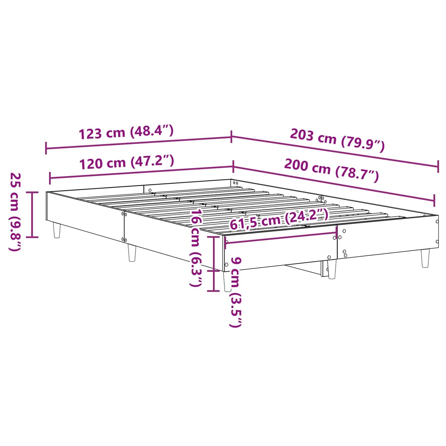 vidaXL Σκελετός Κρεβατιού Μαύρη Οξυά 203 x 123 x 25 εκ