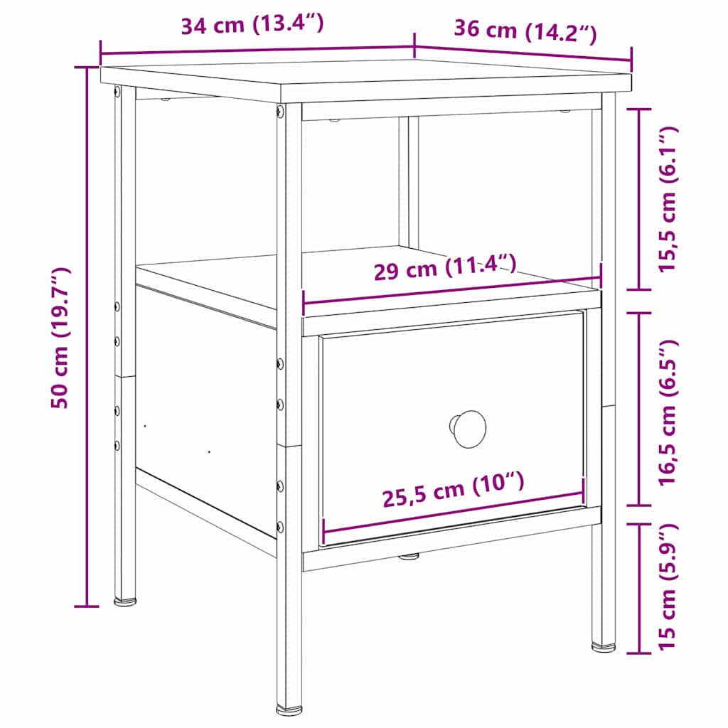 vidaXL Κομοδίνο με συρτάρι Μαύρη δρυς 34 x 36 x 50 εκ