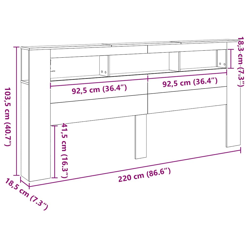 vidaXL LED κεφαλάρι με ράφι Μαύρη Οξυά 220 x 18,5 x 103,5 εκ