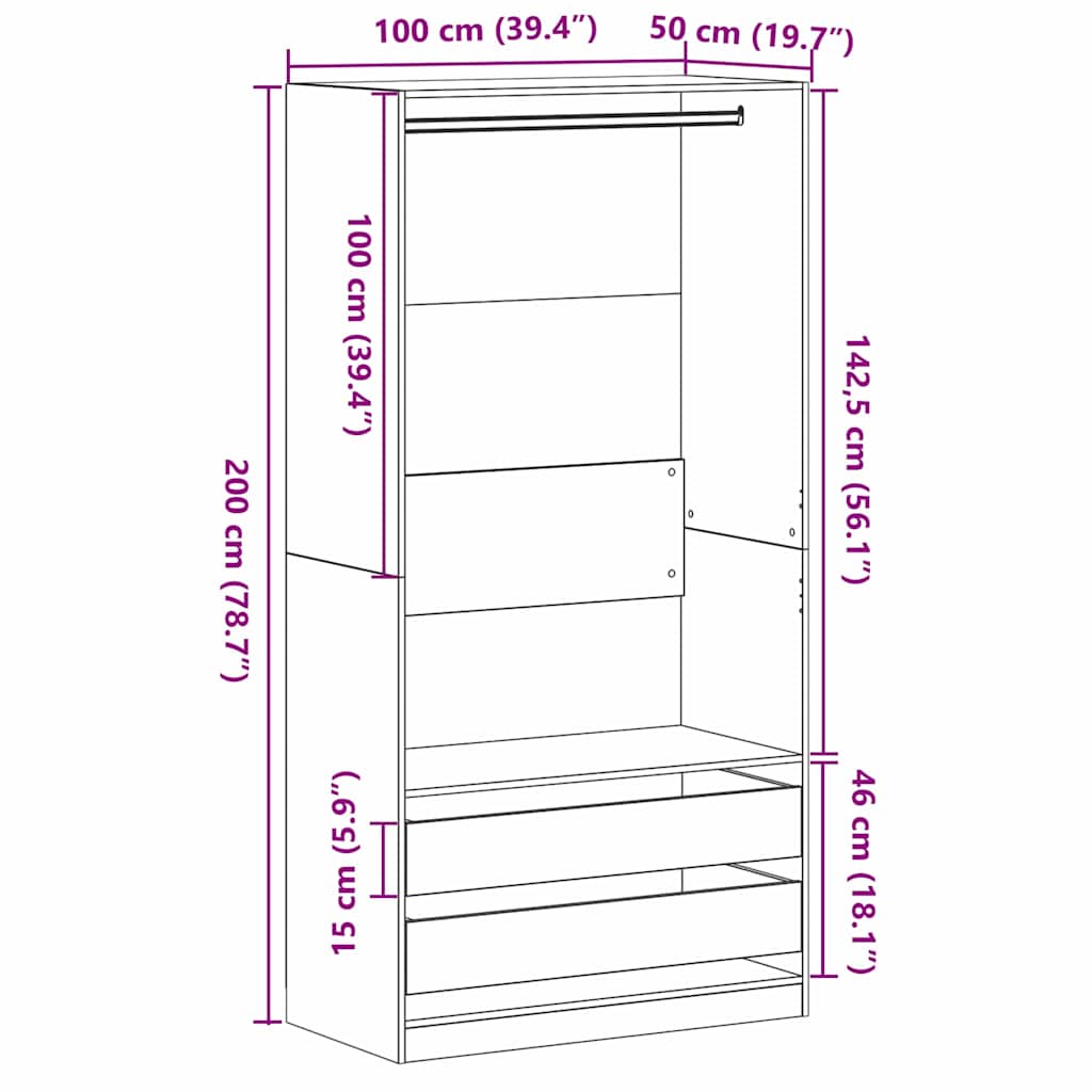 vidaXL Ντουλάπι Μαύρη δρυς 100 x 50 x 200 εκ. Επεξεργασμένο ξύλο