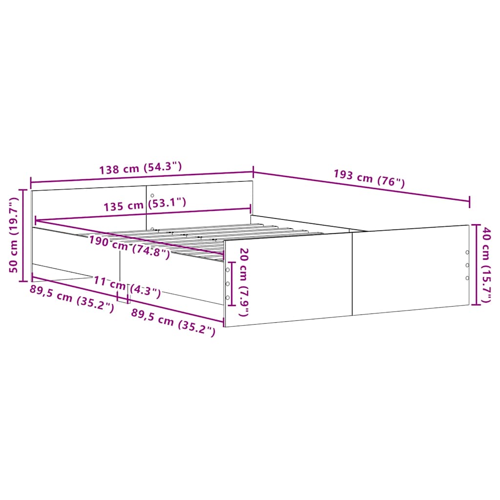 vidaXL Πλαίσιο κρεβατιού χωρίς στρώμα 135x190 εκ. Επεξεργασμένο Ξύλο