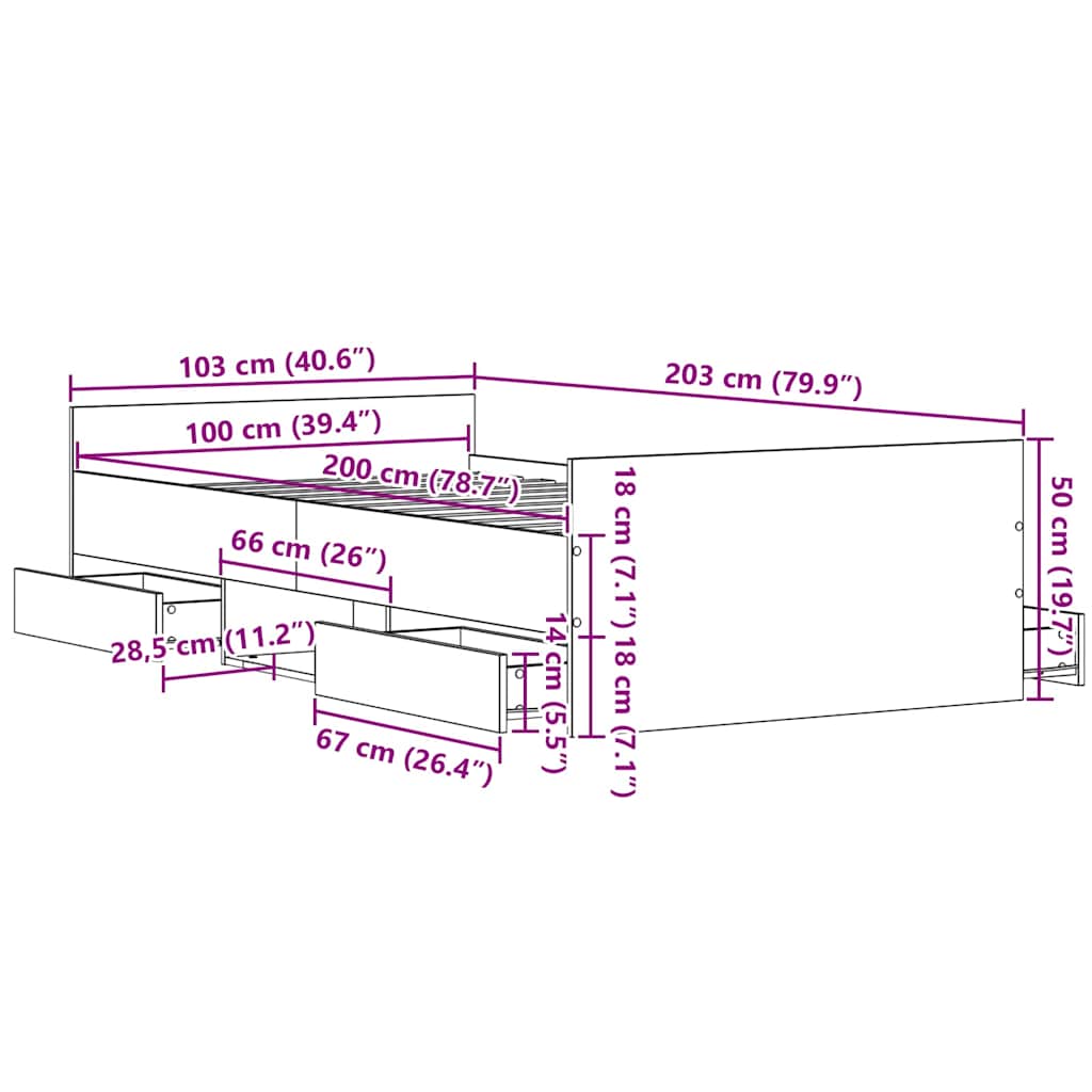 vidaXL Κρεβάτι χωρίς στρώμα μαύρης δρυός 100x200 εκ. επεξεργασμένο ξύλο