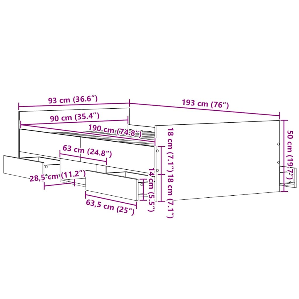 vidaXL Κρεβάτι χωρίς στρώμα Μαύρο Δρυς 90x190 εκ Επεξεργασμένο ξύλο