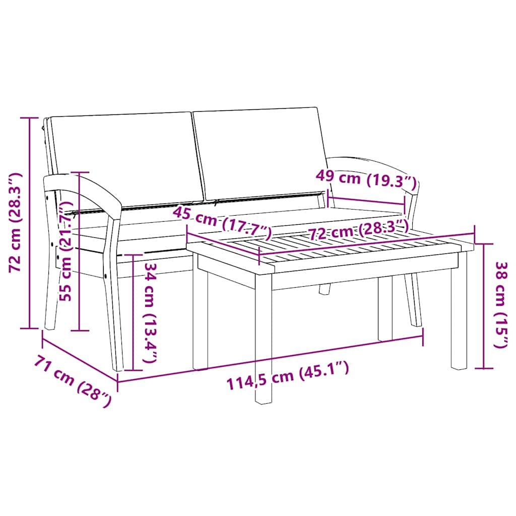 vidaXL Σετ Bistro 2 Τεμαχίων με Μαξιλάρια από Στερεό Ξύλο Ακακίας