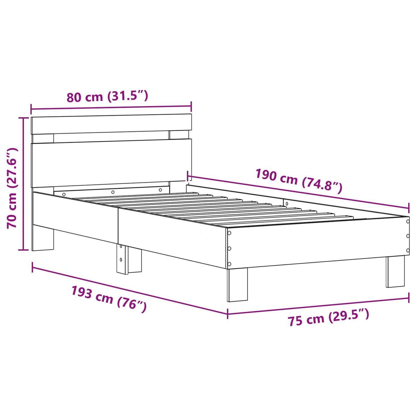 vidaXL Σκελετός Κρεβατιού Μαύρη Οξυά 75 x 190 cm Επεξεργασμένο ξύλο