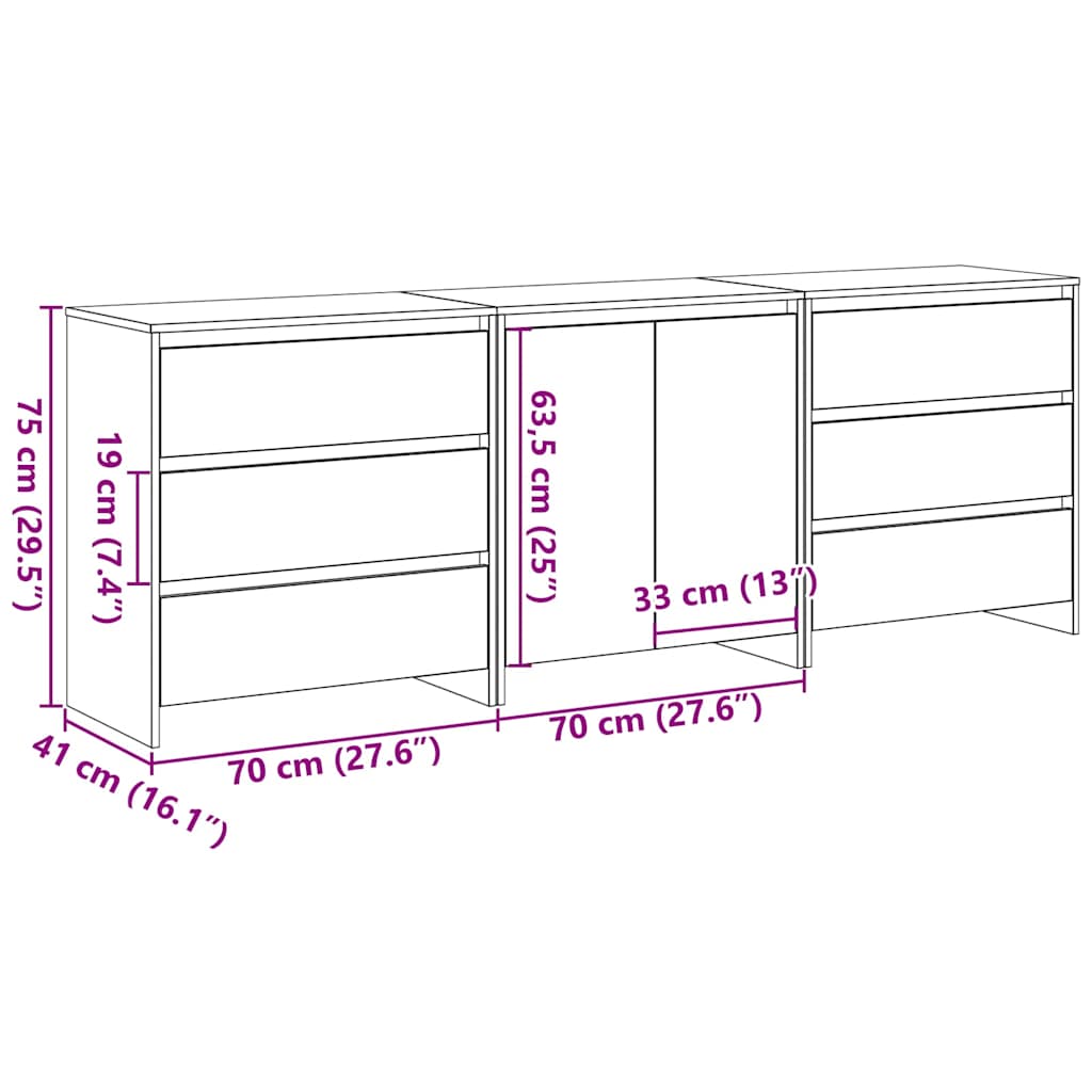 vidaXL Πλαϊνό γραφείο 3 pcs Μαύρο 70 x 41 x 75 εκ. Επεξεργασμένο ξύλο
