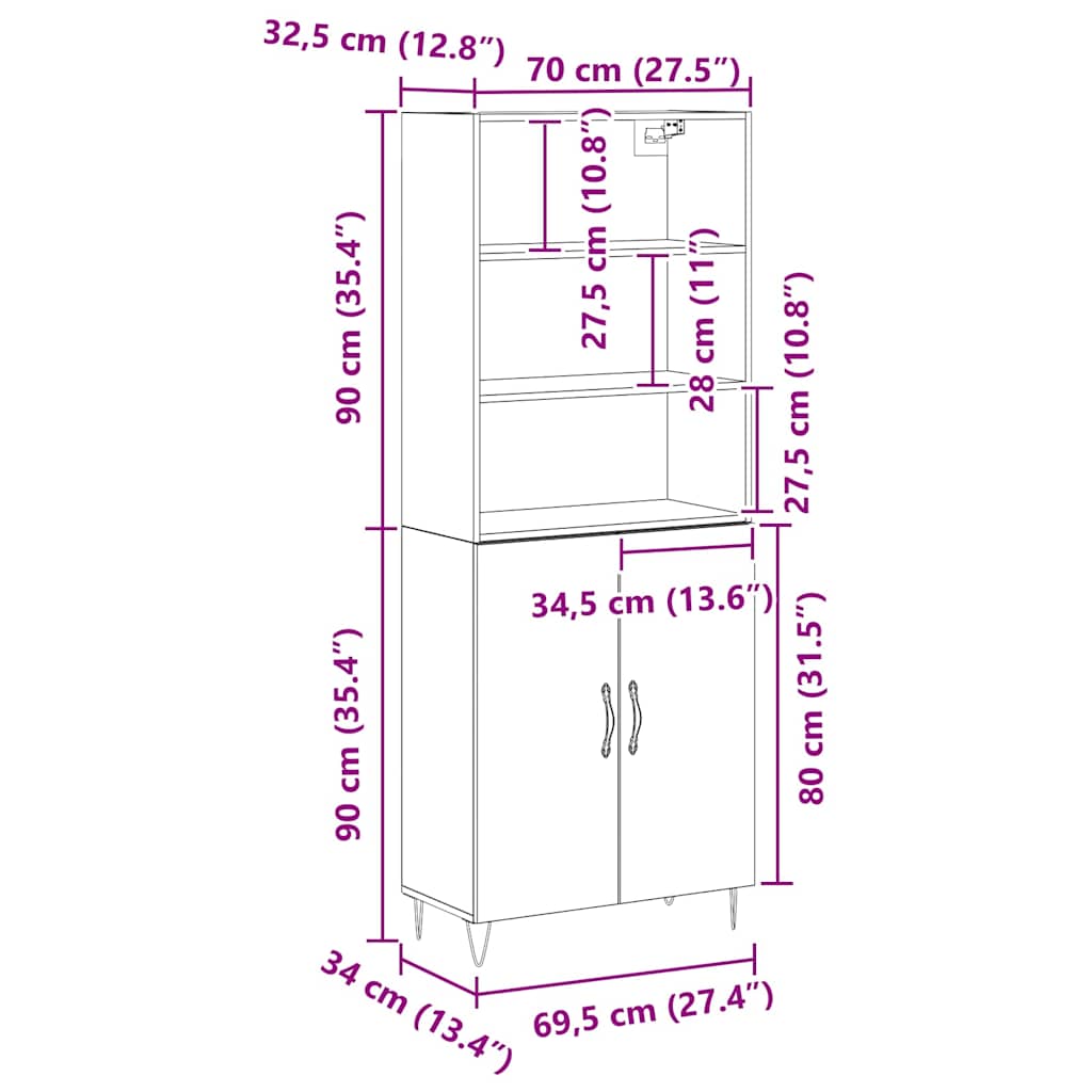 vidaXL Υψηλό Ντουλάπι Μαύρης Δρυός 69.5x34x180 εκ. Μοριοσανίδες