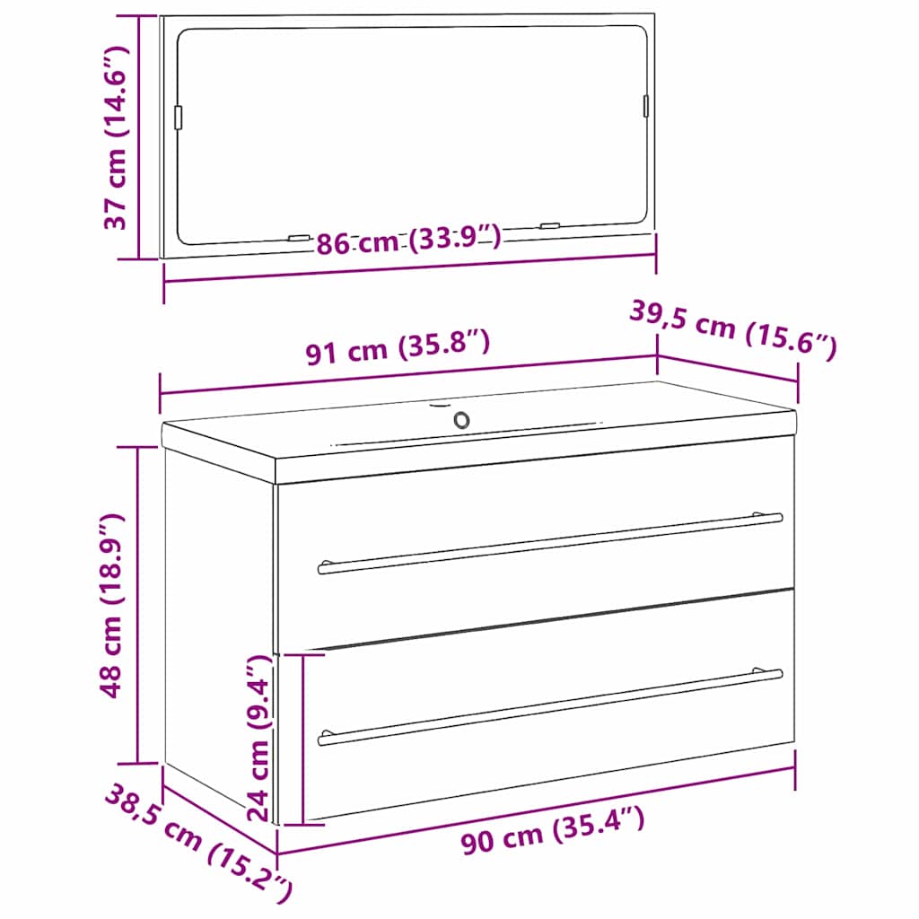 vidaXL Ντουλάπα νιπτήρα με λεκάνη 3 pcs Μαύρη δρυς 90 x 38.5 x 48 cm