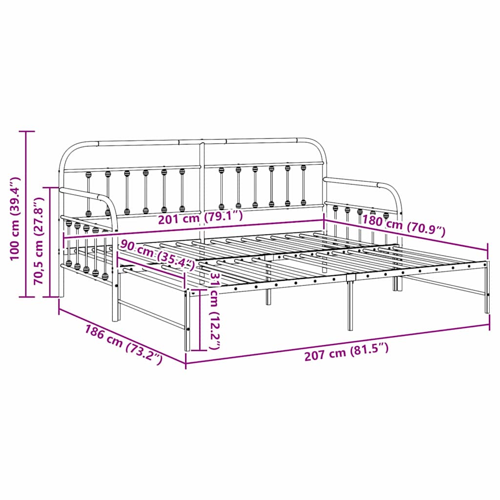 vidaXL Σκελετός κρεβατιού ημέρας Μαύρο 90 x 200 cm