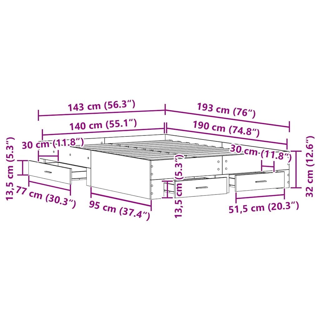 vidaXL Κρεβάτι με Συρτάρια Μαύρη βελανιδιά Επεξεργασμένο ξύλο 140 x 190 cm