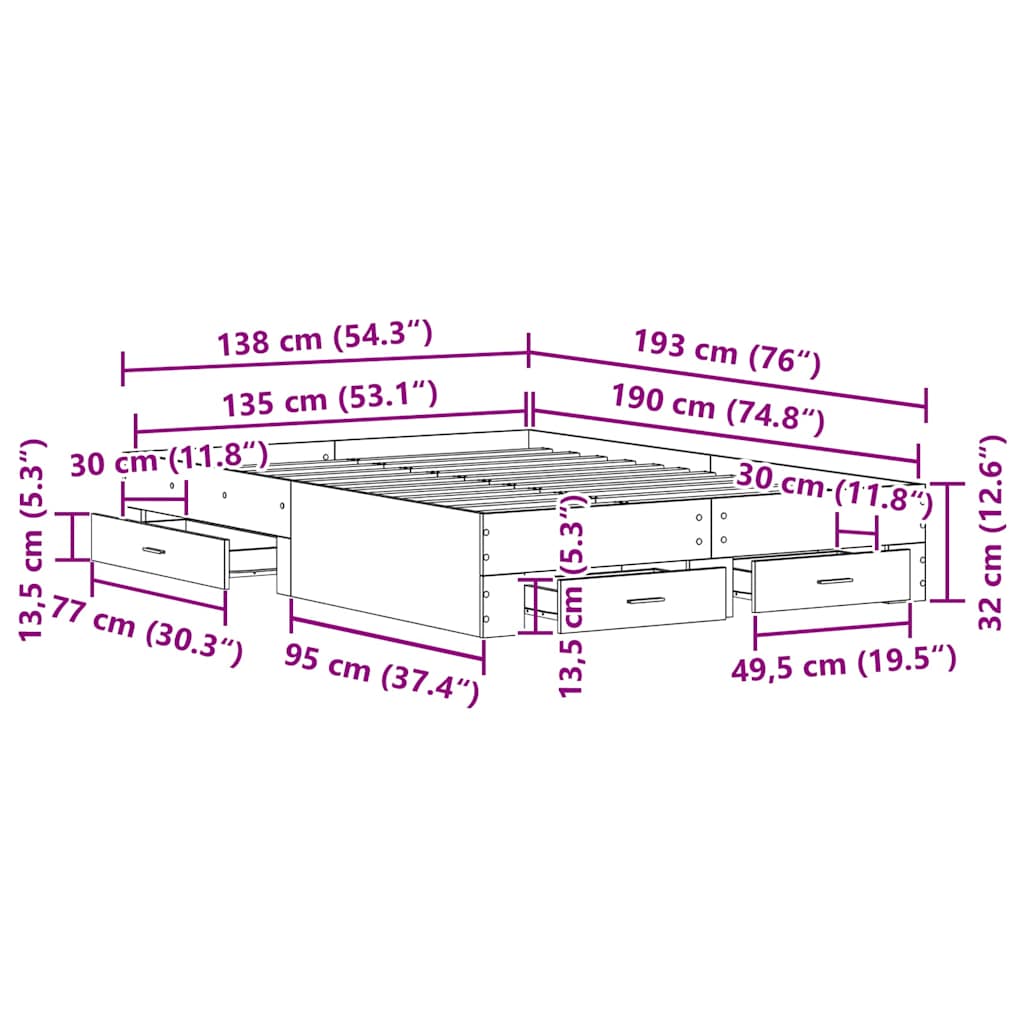 vidaXL Κρεβάτι με Συρτάρια Μαύρο Δρυς 135x190 εκ. Μηχανικά Ξύλα
