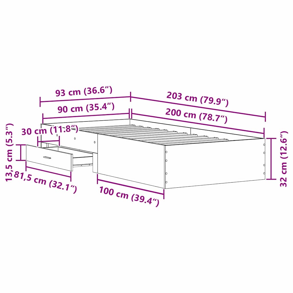 vidaXL Κρεβάτι Μαύρο Δρυ 90x200 εκ Επεξεργασμένο Ξύλο