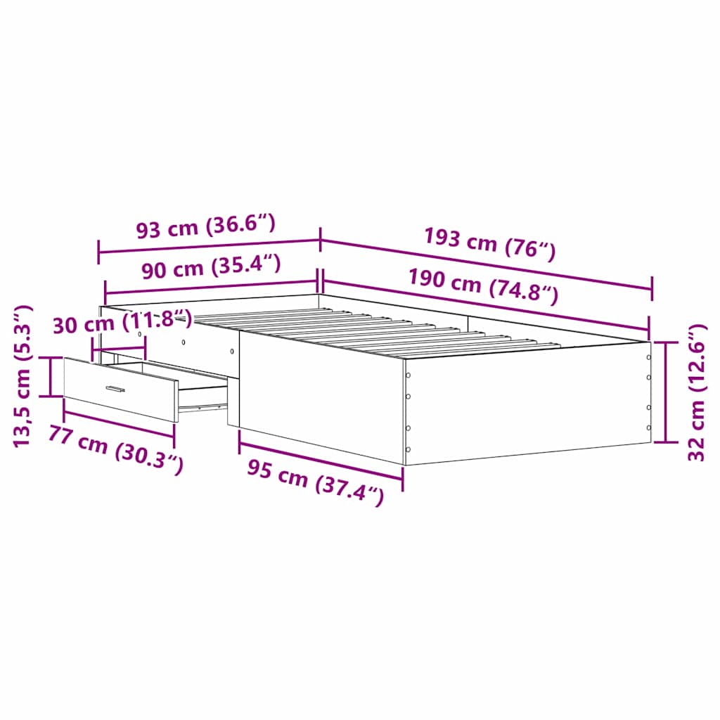 Bed Frame μαύρο δρυς 90x190 εκ. Επεξεργασμένο ξύλο